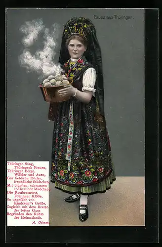 AK Frau in thüringischer Tracht mit einer Schüssel Klöse