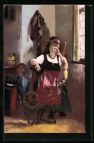 AK Junge Frau in thüringischer Tracht am Spinnrad