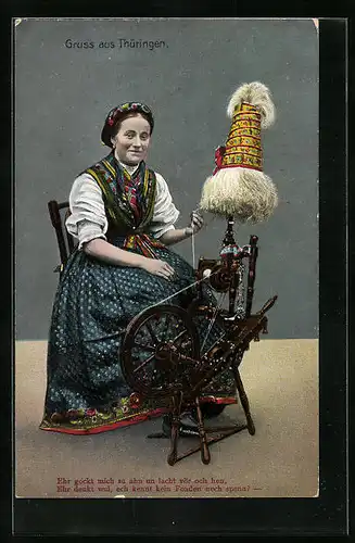 AK Frau in thüringischer Tracht am Spinnrad