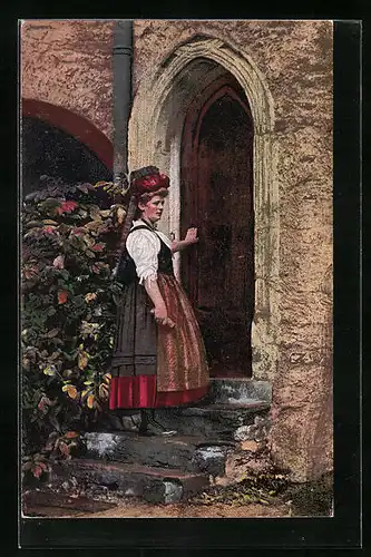 AK Junge Frau in thüringischer Tracht beim Kirchgang