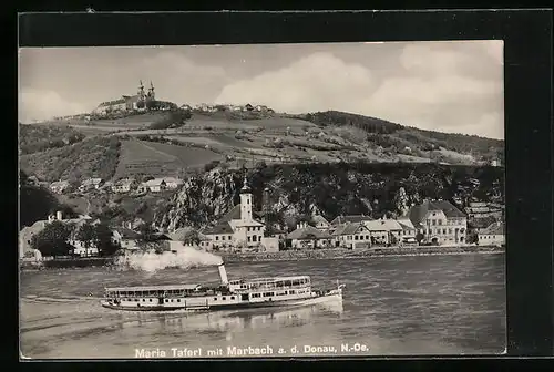 AK Maria Taferl a. d. Donau, Ortsansicht mit Marbach und Binnenschiff Johann Strauss