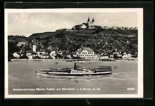 AK Maria Taferl a. d. Donau, Ortsansicht mit Marbach und Binnenschiff Habsburg