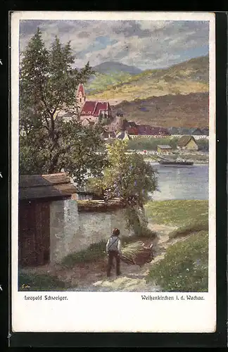 Künstler-AK Leopold Schweiger: Weissenkirchen i. d. Wachau, Blick über den Fluss zum Ort