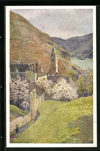 Künstler-AK Rudolf Schmidt: Spitz /Donau, Ortspartie mit Kirche