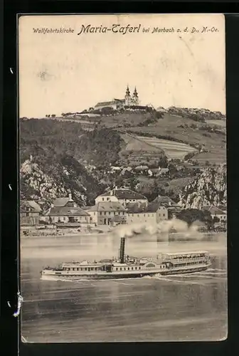 AK Maria Taferl a. d. Donau, Binnenschiff auf der Donau mit Blick zur Wallfahrtskirche