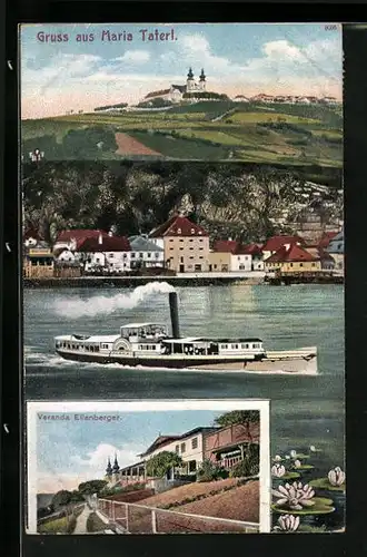 AK Maria Taferl, Binnenschiff auf der Donau mit Ortsblick und Veranda Eilenberger