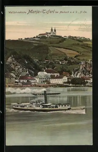 AK Maria Taferl a. d. Donau, Binnenschiff auf der Donau mit Blick zur Wallfahrtskirche