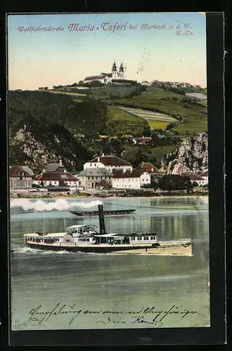 AK Maria-Taferl /Donau, Binnenschiff auf der Donau mit Blick zur Wallfahrtskirche