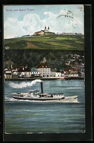AK Maria-Taferl /Donau, Binnenschiff auf der Donau mit Blick zur Wallfahrtskirche