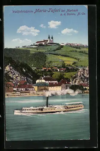 AK Maria-Taferl /Donau, Binnenschiff auf der Donau mit Blick zur Wallfahrtskirche