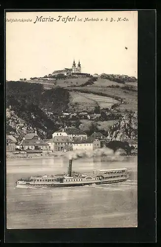 AK Maria-Taferl /Donau, Binnenschiff auf der Donau mit Blick zur Wallfahrtskirche