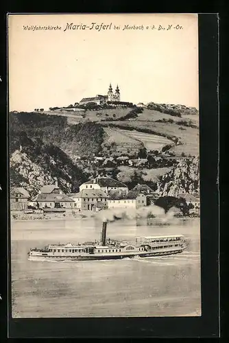 AK Maria-Taferl /Donau, Binnenschiff auf der Donau mit Blick zur Wallfahrtskirche