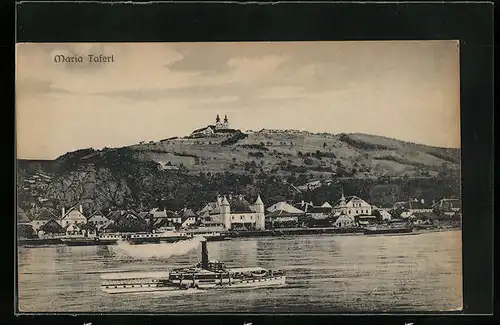 AK Maria -Taferl, Binnenschiff auf der Donau mit Blick zur Wallfahrtskirche