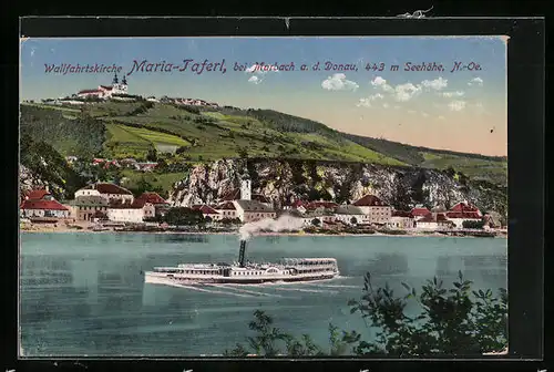 AK Maria -Taferl, Binnenschiff auf der Donau mit Blick zur Wallfahrtskirche