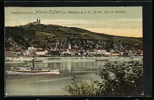 AK Maria -Taferl, Binnenschiff auf der Donau mit Blick zur Wallfahrtskirche