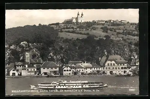 AK Maria -Taferl, Binnenschiff auf der Donau mit Blick zur Wallfahrtskirche