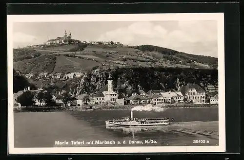 AK Maria Taferl mit Marbach a. d. Donau, Ortsansicht mit Wallfahrtskirche und Binnenschiff Habsburg