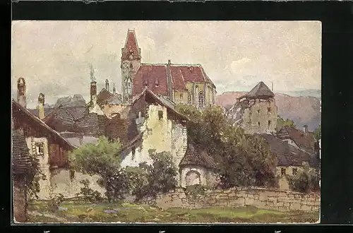Künstler-AK Fritz Lach: Weissenkirchen a. D., Ortsansicht mit Kirche