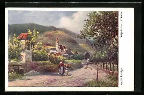 Künstler-AK Leopold Schweiger: Weissenkirchen i. d. Wachau, Mutter mit Kind und Ortsansicht