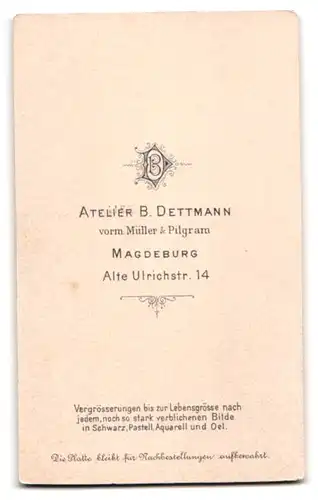 Fotografie B. Dettmann, Magdeburg, Alte Ulrichstr. 14, Portrait stattlicher junger Mann mit Schnurrbart