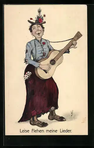 Künstler-AK Willi Scheuermann: Leise flehen meine Lieder, Bettlerin spielt auf der Gitarre