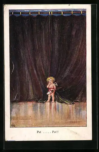 Künstler-AK Willi Scheuermann: Pst.... pst!, Amor steht vor einem Vorhang