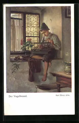 Künstler-AK A. Zandrino: Der Vogelfreund, Knabe sitzt mit einen Vogelkäfig am Fenster