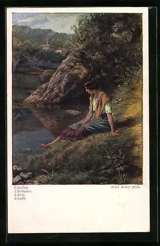 Künstler-AK A. Zandrino: Libellen, Frau sitzt am Flussufer