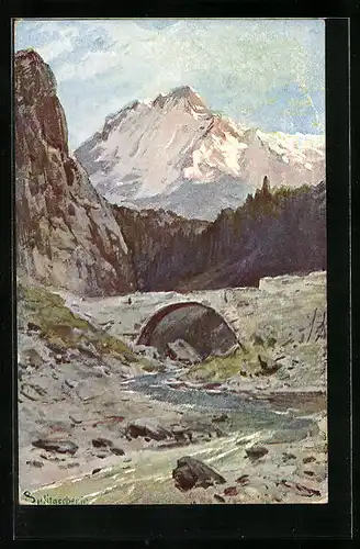 Künstler-AK August Splitgerber: Gebirgsidylle mit Bach und Brücke