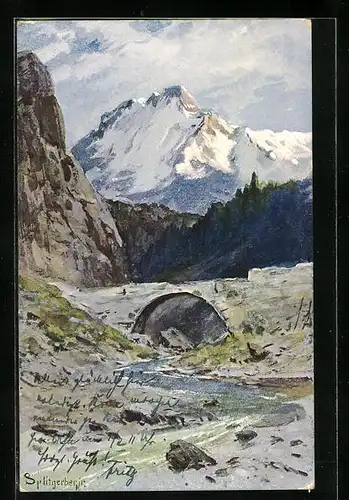 Künstler-AK August Splitgerber: Gebirgsidylle mit Bach und Brücke
