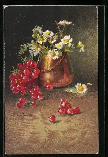 Künstler-AK Clara von Sivers: Johannisbeeren liegen arrangiert vor einer Vase mit Gänseblümchen gefüllt