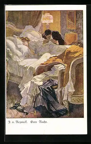 Künstler-AK Ferdinand von Reznicek: GuteNacht, Mann küsst due Hand seiner schlafenden Frau