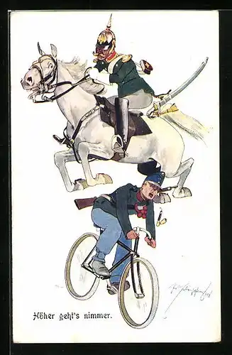 Künstler-AK Fritz Schönpflug: Höher geht's nimmer, Soldat springt mit dem Pferd über einen Radfahrer