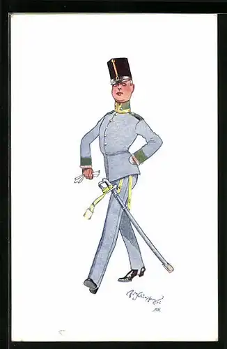 Künstler-AK Fritz Schönpflug: stattlicher Soldat marschiert in Uniform