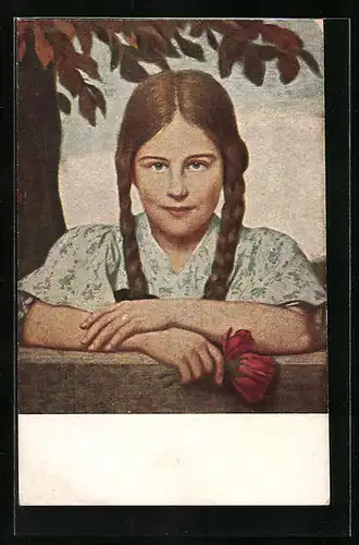 Künstler-AK Ludwig von Zumbusch: Das Luiserl, Mädchen mit Flechtzöpfen und Rosen in der Hand