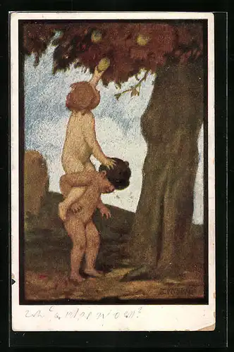 Künstler-AK Ludwig von Zumbusch: Der Sündenfall, zwei nackte Buben pflücken einen Apfel vom Baum