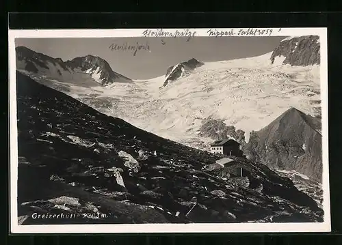 AK Greizerhütte, Blick zur Berghütte mit Trippach Sattel u. Floitespitze