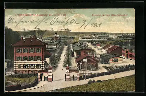 AK Münsingen, Truppenübungsplatz, Eingang in das Barackenlager