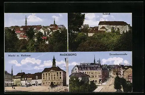 AK Radeberg, Hotel Kaiserhof an der Dresdnerstrasse, Schloss, Markt mit Rathaus