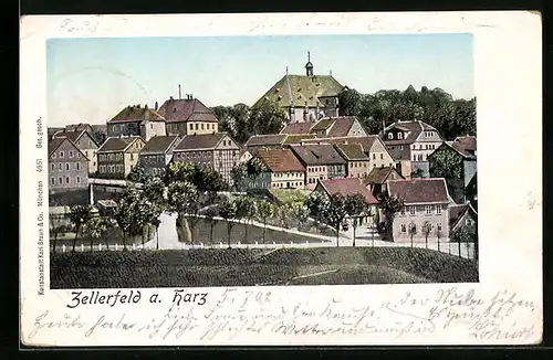 Goldfenster-AK Zellerfeld a. Harz, Teilansicht mit Strassenpartie