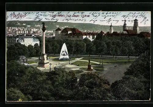Relief-AK Stuttgart, Slossplatz mit altem Schloss und Denkmal