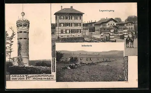 AK Münsingen, Truppenübungsplatz mit Lagereingang und Infanterie
