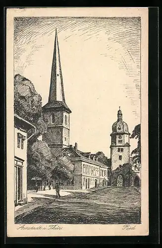 Künstler-AK Arnstadt i. Th., Ried, Strassenpartie