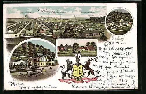 Lithographie Münsingen, Truppen-Übungsplatz mit Geschäfts-Zahlmeisterb., Offiziersb. u. Bade-Anst., Hardt-Hotel