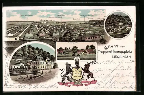 Lithographie Münsingen, Truppen-Übungsplatz mit Geschäfts-Zahlmeisterb., Offiziersb. u. Bade-Anst., Hardt-Hotel