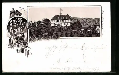Lithographie Arensburg, Ortspartie mit Hotel