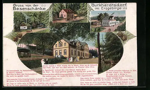 AK Burkhardtsdorf im Erzgebirge, Gasthaus Besenschänke, Ortspartien mit Pferdewägen