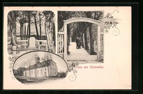 AK Kleinwelka, Kirche, Franzosen-Denkmal, Gottesacker-Eingang