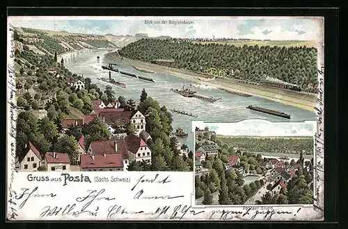 Lithographie Posta /Sächs. Schweiz, Blick von der Burglehnbastei mit Dampfern, Postaer Grund