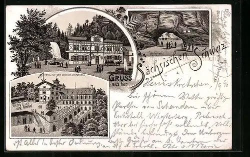 Lithographie Schandau /Sächsische Schweiz, Hotel auf dem Grossen Winterberg, Restaurant, Kuhstall
